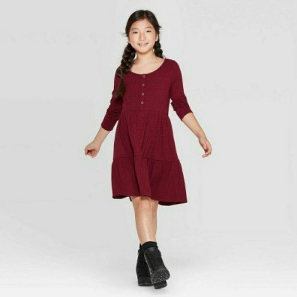 Art Class Maroon Long Sleeve Henley Tiered Dress